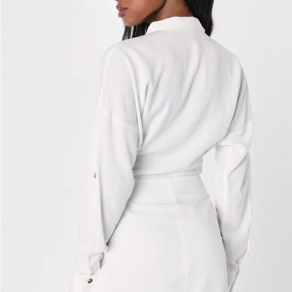 NWOT Lulus Charming Confidence White Collared Button-Up Mini Dress Tie Waist L - Picture 2 of 9